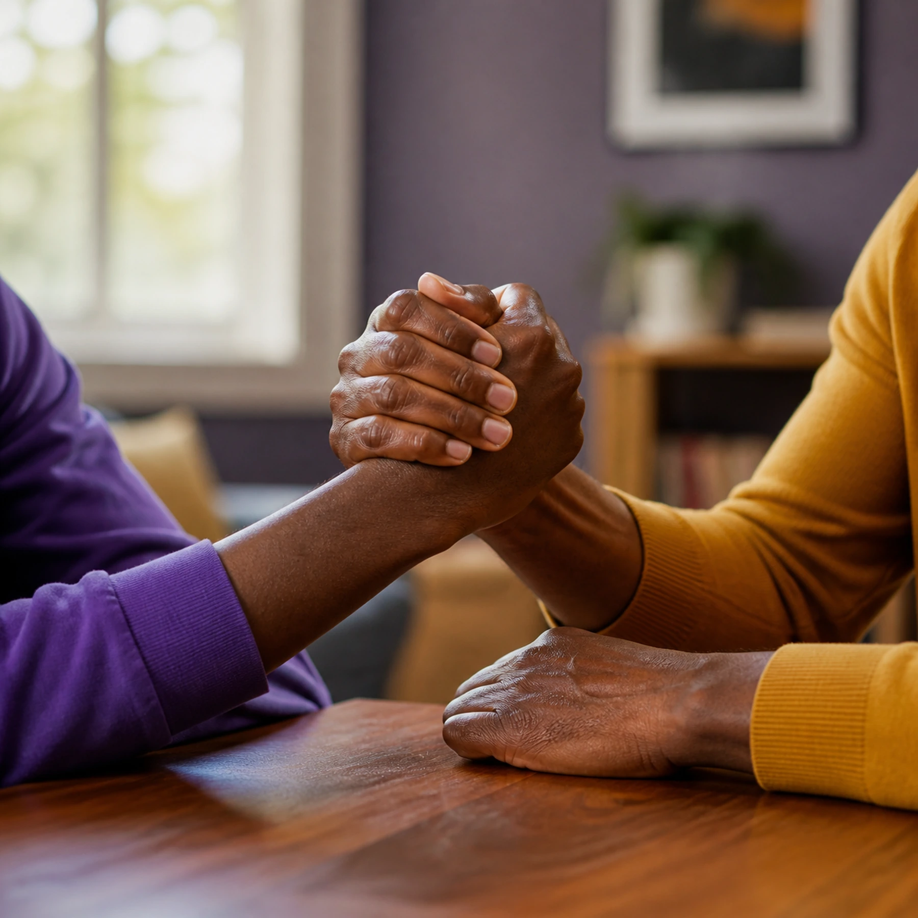 A young person and adult mentor sharing a supportive handclasp