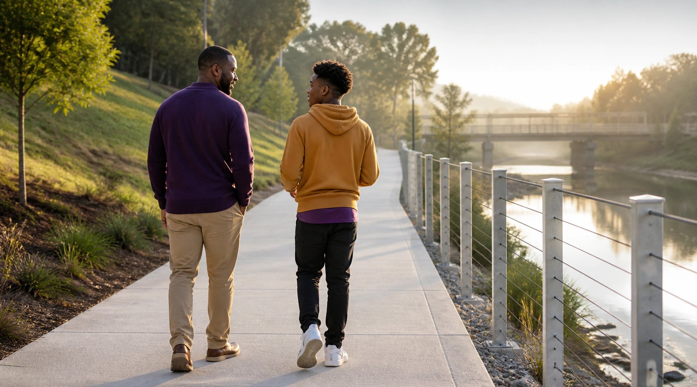 A young person and adult mentor walking together along a community greenway